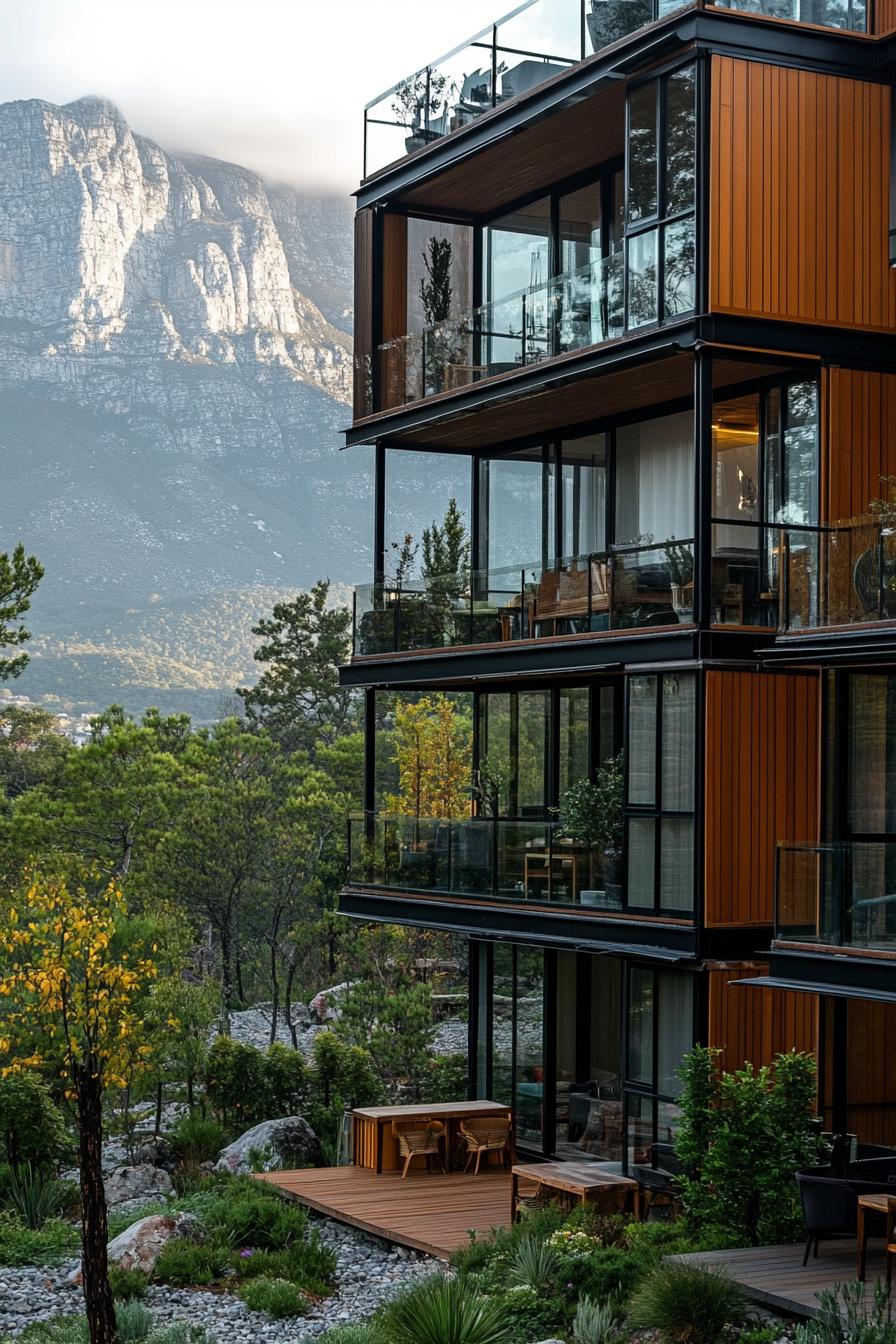 a tall modern container apartment building complex with full glass walls in the mountains with garden decks imposing mountain top in the background 2