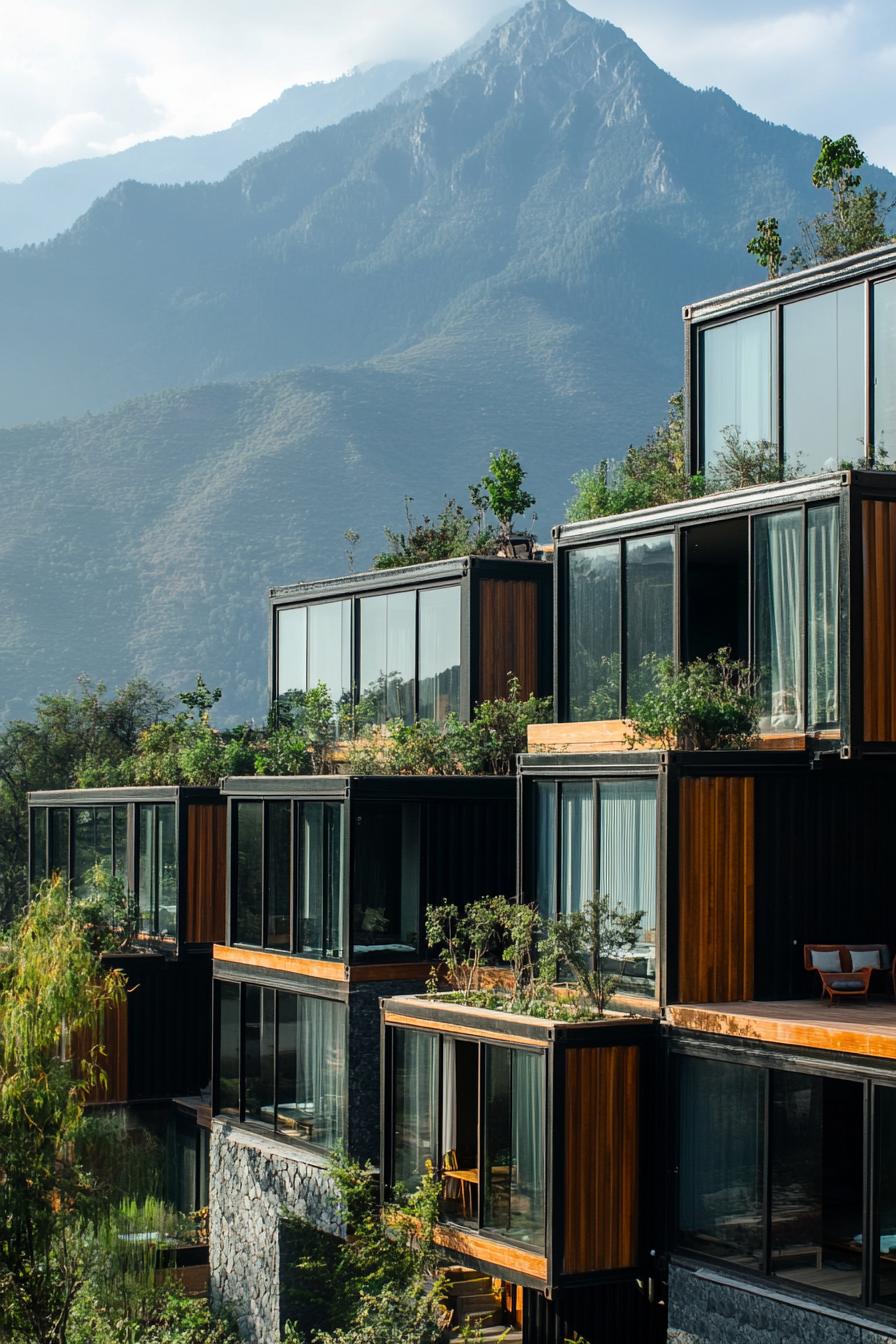 a tall modern container apartment building complex with full glass walls in the mountains with garden decks imposing mountain top in the background 3