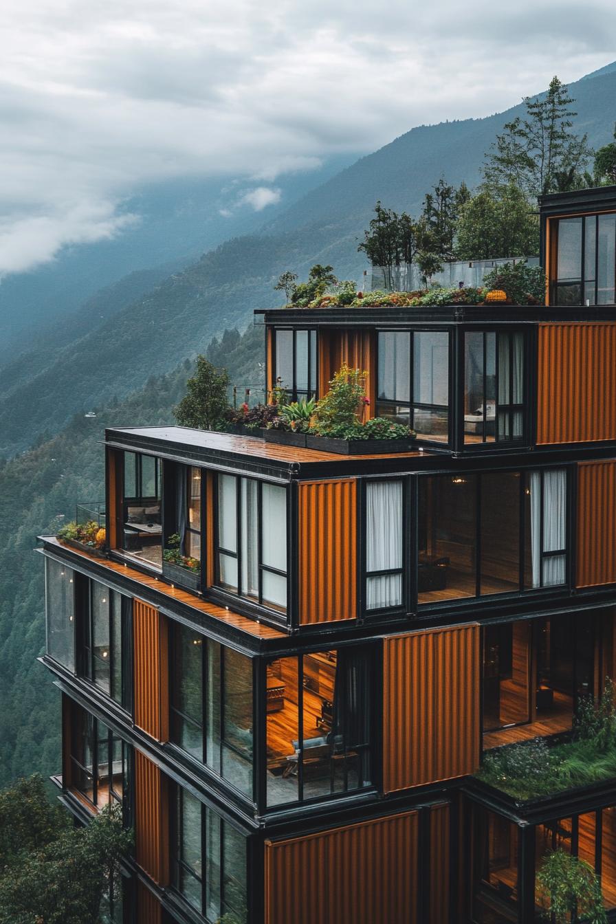 a tall modern container apartment building complex with full glass walls in the mountains with garden decks imposing mountain top in the background