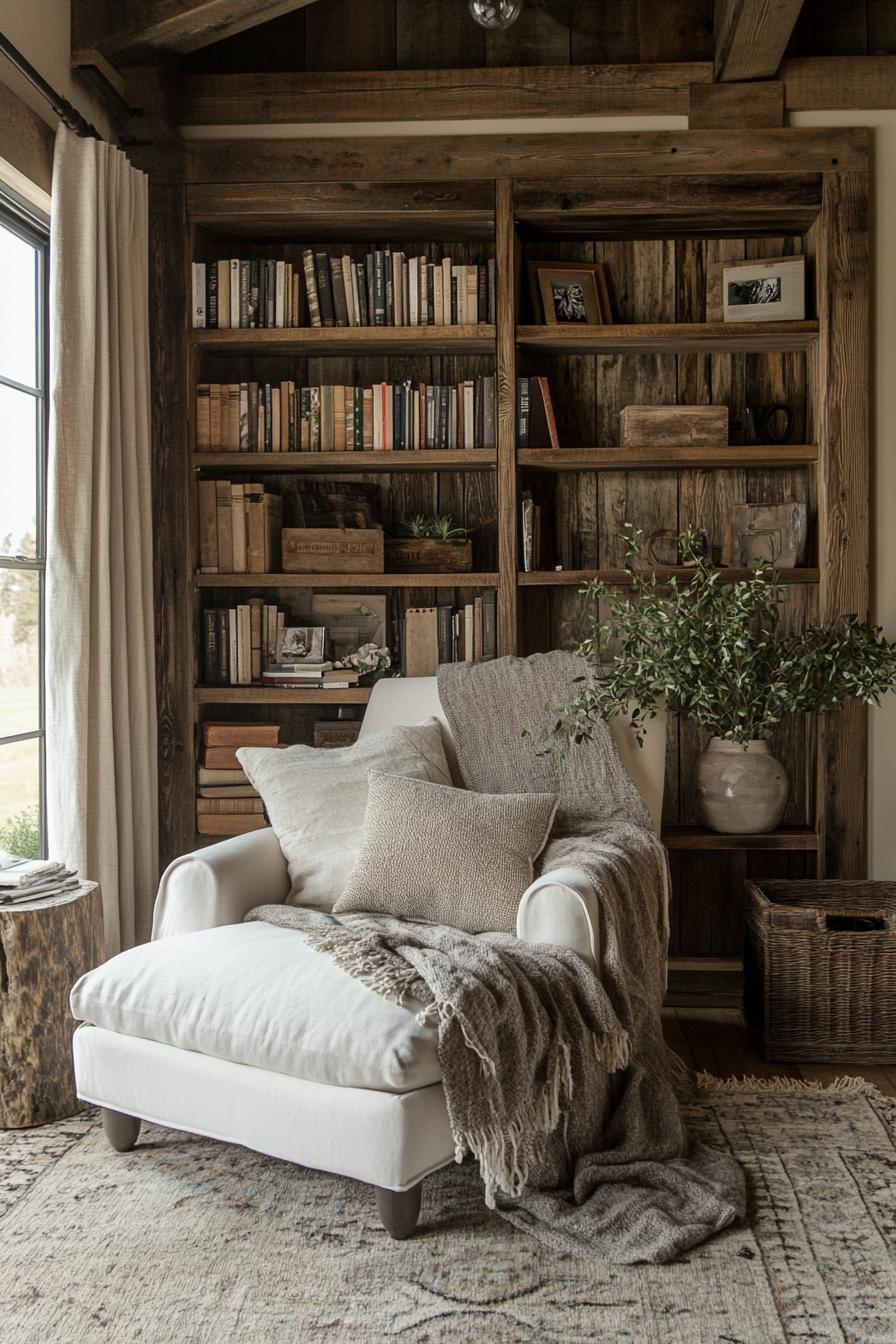 barndominium interior reading nook with bookshelves farmhouse and modern elements 1