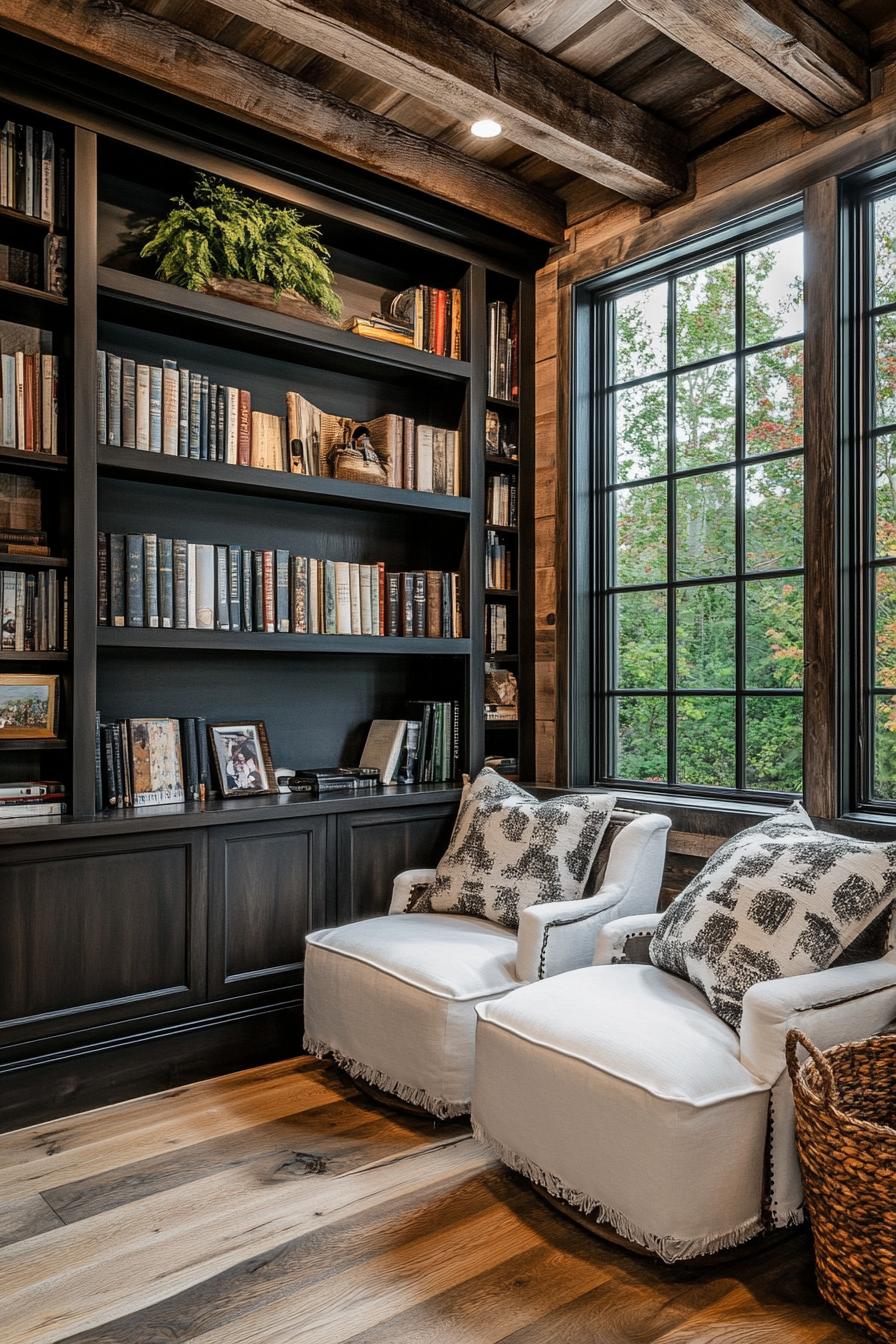 barndominium interior reading nook with bookshelves farmhouse and modern elements 2