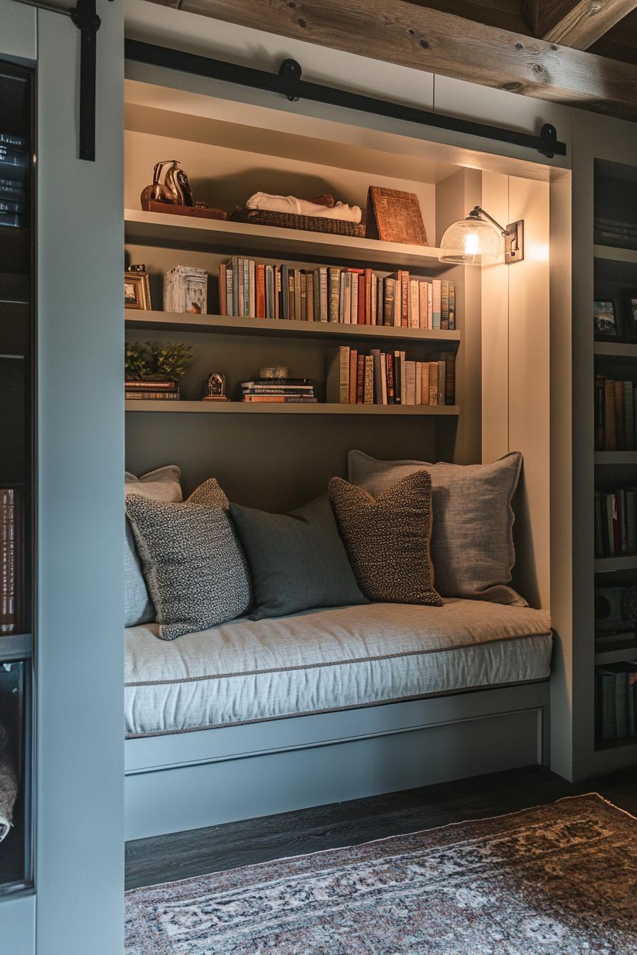 barndominium interior reading nook with bookshelves farmhouse and modern elements 3