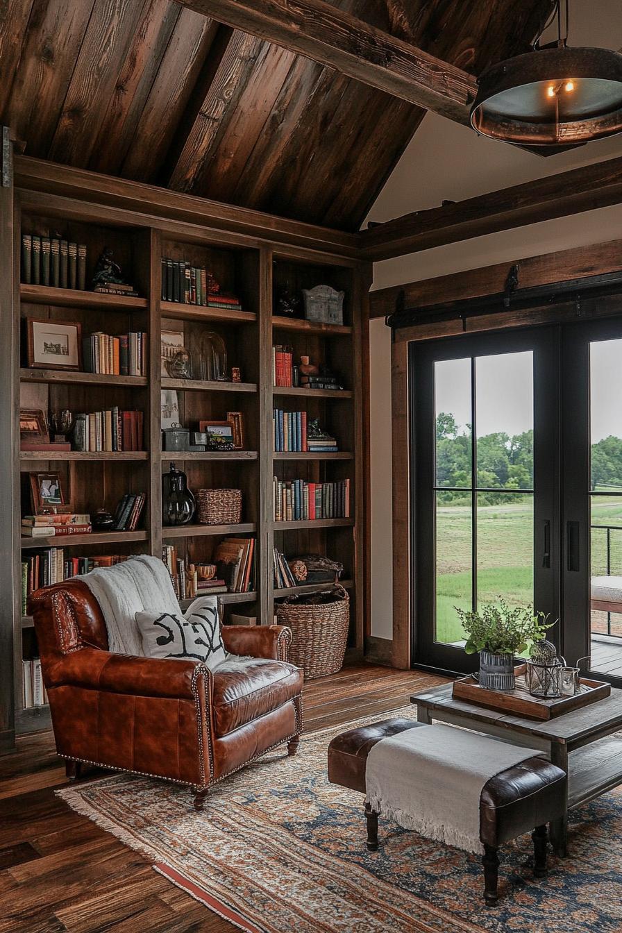 barndominium interior reading nook with bookshelves farmhouse and modern elements