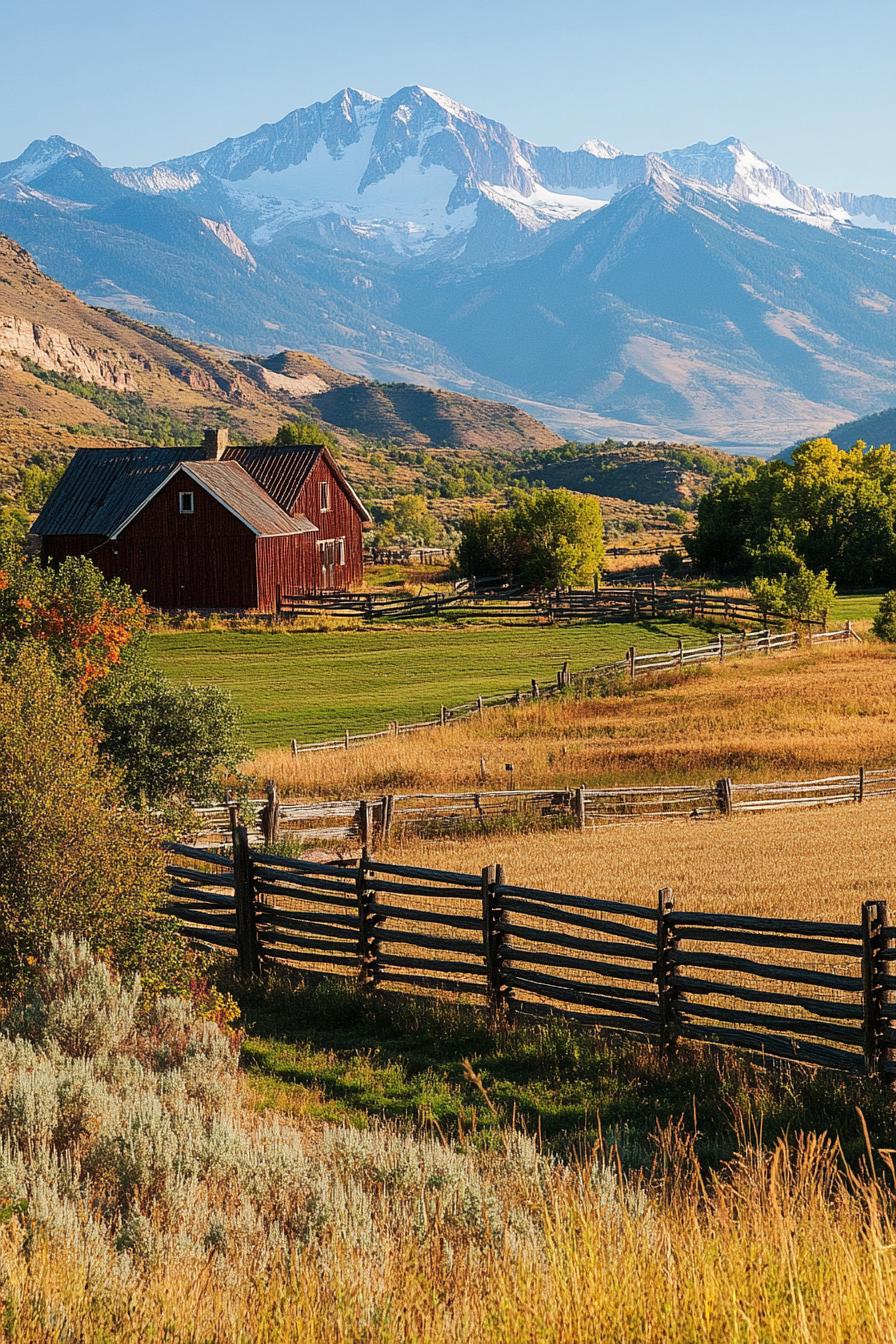 gable roof ranch farm fields horizontal slat ranch fence dramatic mountains in the backdrop 1