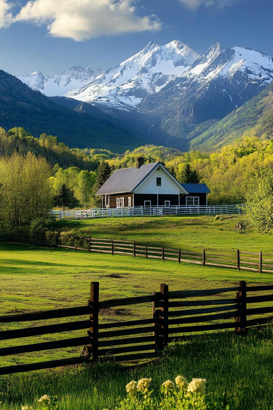 gable roof ranch farm fields horizontal slat ranch fence dramatic mountains in the backdrop 2