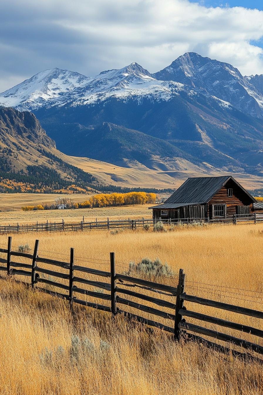 gable roof ranch farm fields horizontal slat ranch fence dramatic mountains in the backdrop 3