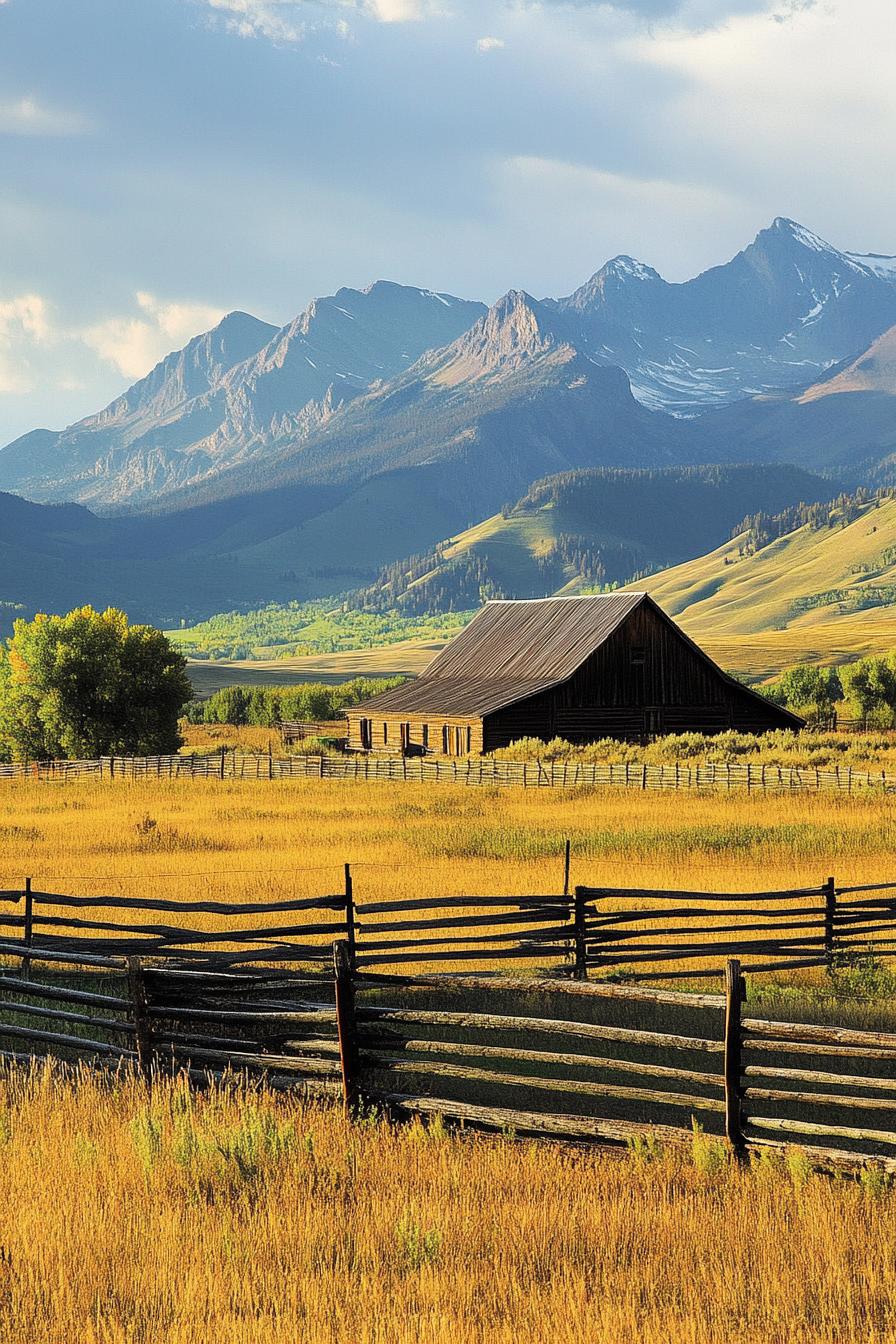 gable roof ranch farm fields horizontal slat ranch fence dramatic mountains in the backdrop