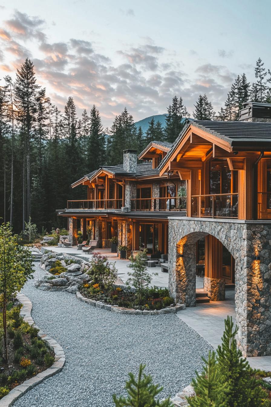 high angle view of a massive modern wooden mountain mansion with stone columns and arches large terraces multi pitched roofing gravel landscape 1