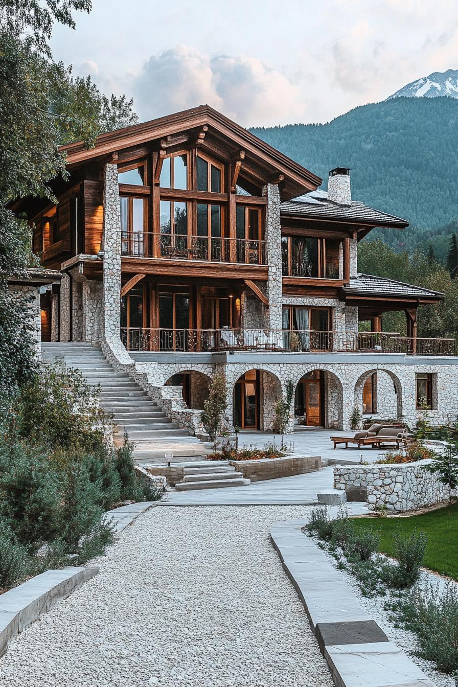 high angle view of a massive modern wooden mountain mansion with stone columns and arches large terraces multi pitched roofing gravel landscape 2