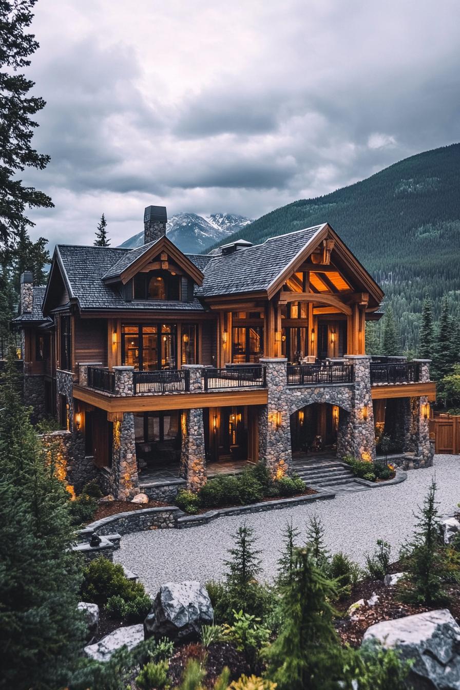 high angle view of a massive modern wooden mountain mansion with stone columns and arches large terraces multi pitched roofing gravel landscape 3