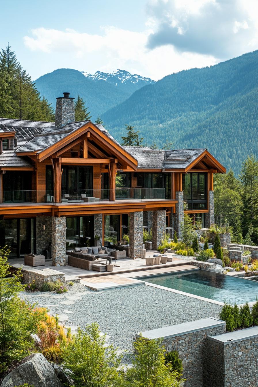 high angle view of a massive modern wooden mountain mansion with stone columns and arches large terraces multi pitched roofing gravel landscape