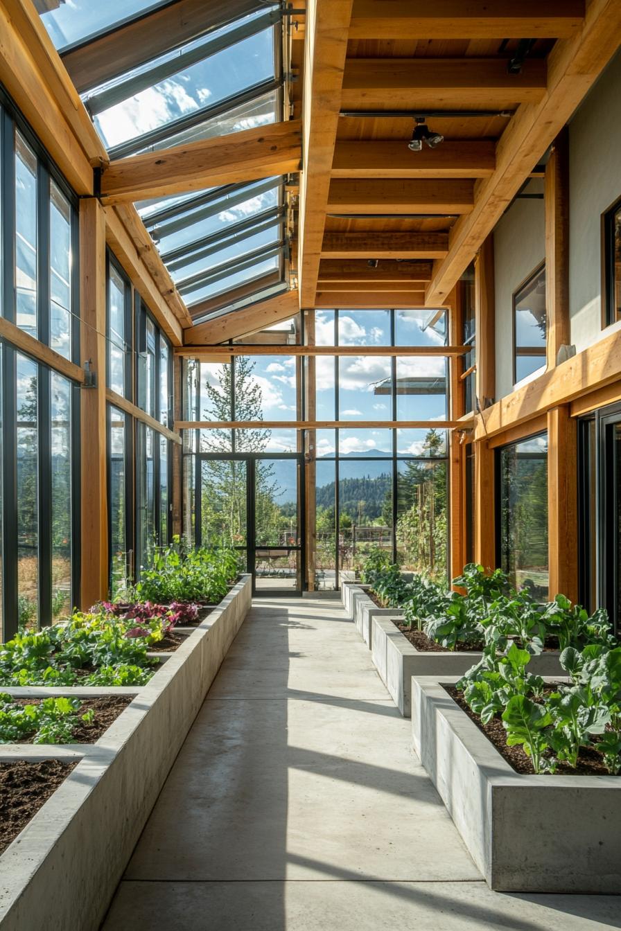 inside a greenhouse attached to a modern house the construction is wooden beams with glass there are concrete beds with veggie plants the house