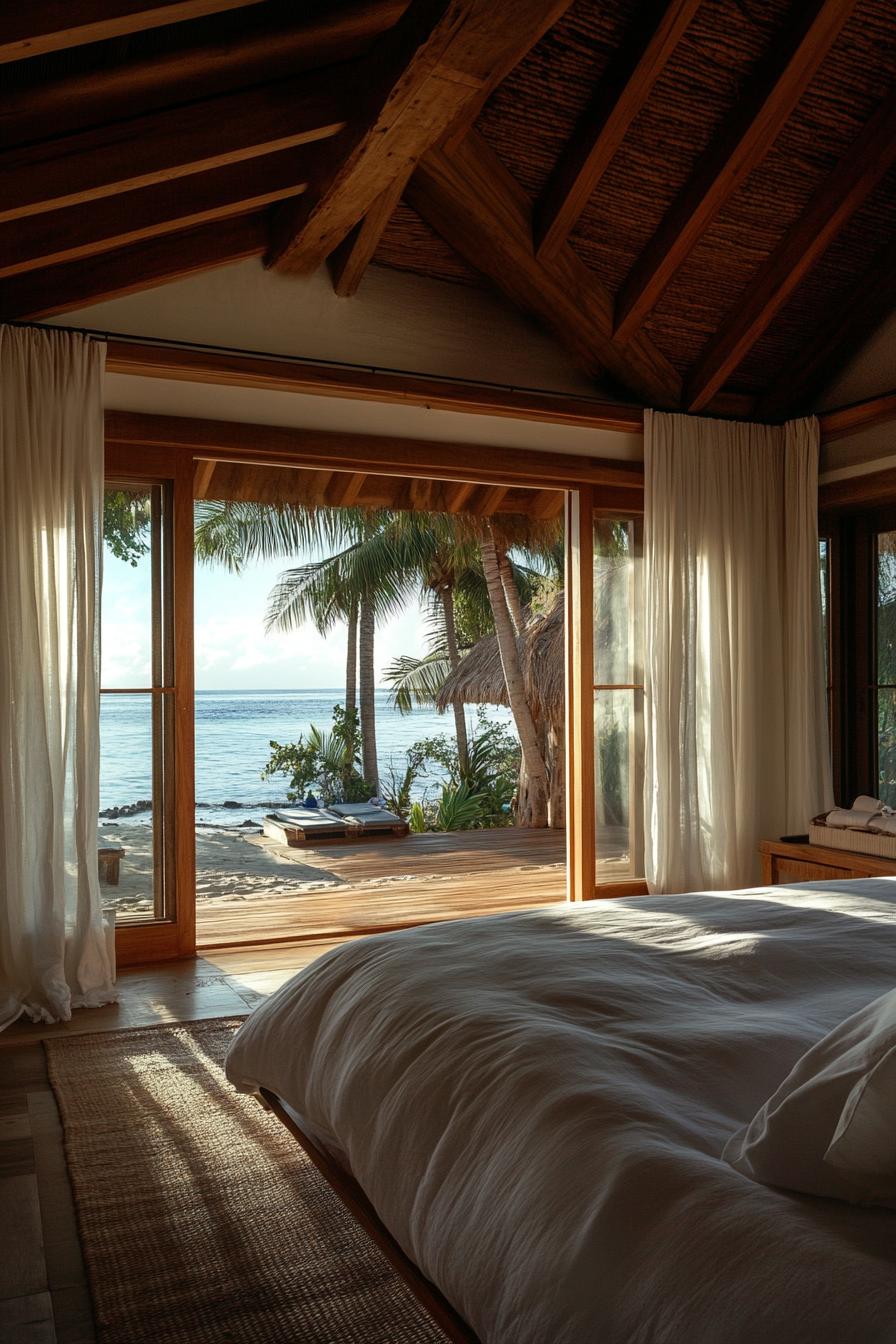 interior of a beachfront home bedroom high ceiling full wall windows sliding doors with beach front tropical island views interior rustic style