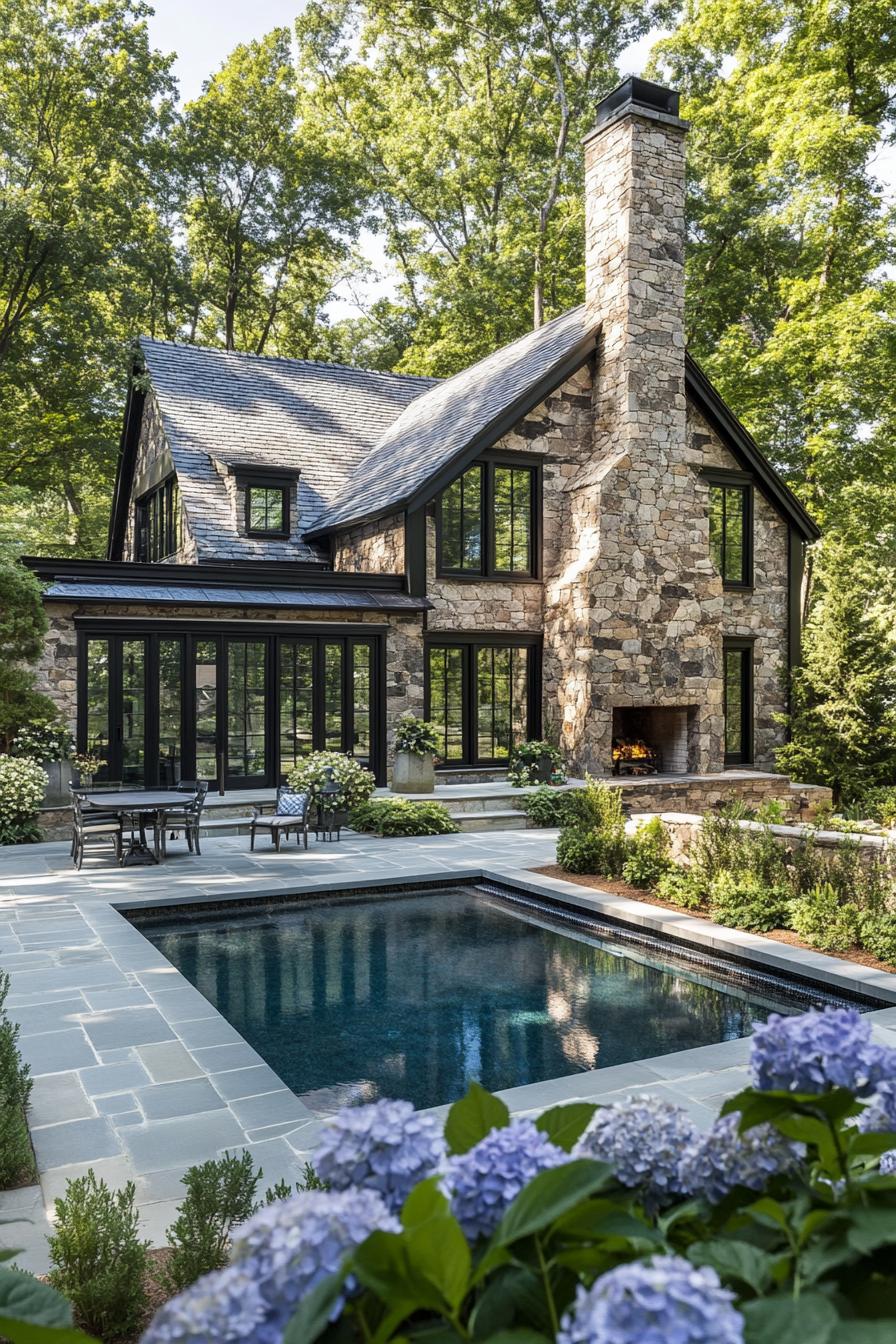 modern cottage home exterior with stone chimney garden with hydrangeas and small pool with stone deck 1