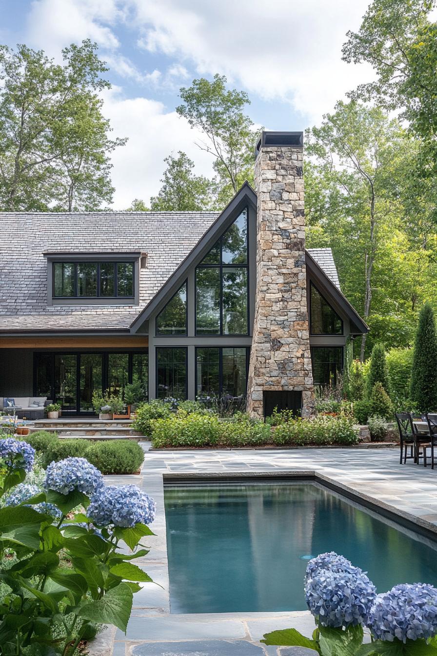 modern cottage home exterior with stone chimney garden with hydrangeas and small pool with stone deck