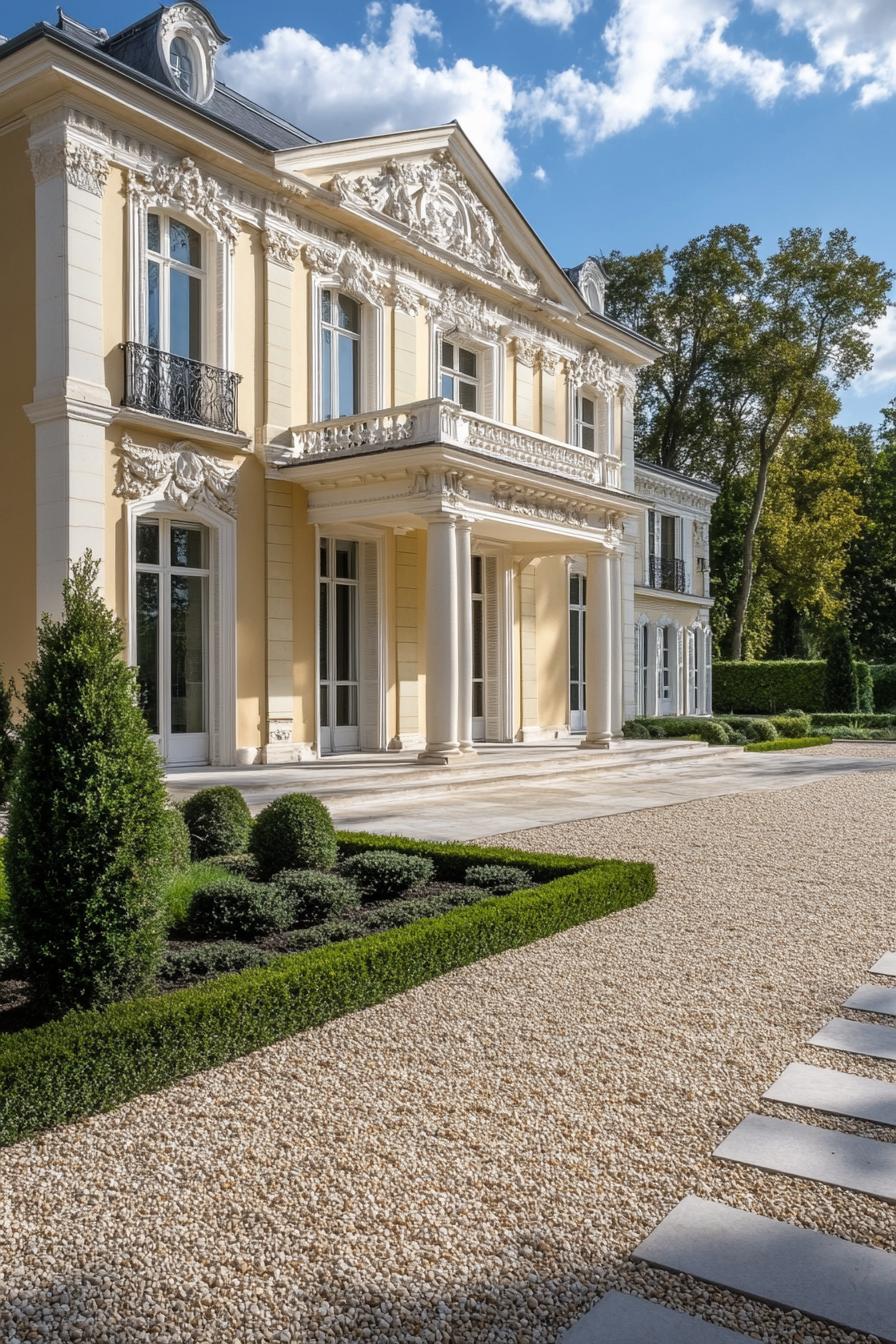 modern french mansion with yellow facade with white ornate details gravel yard with srubs and concrete borders 2