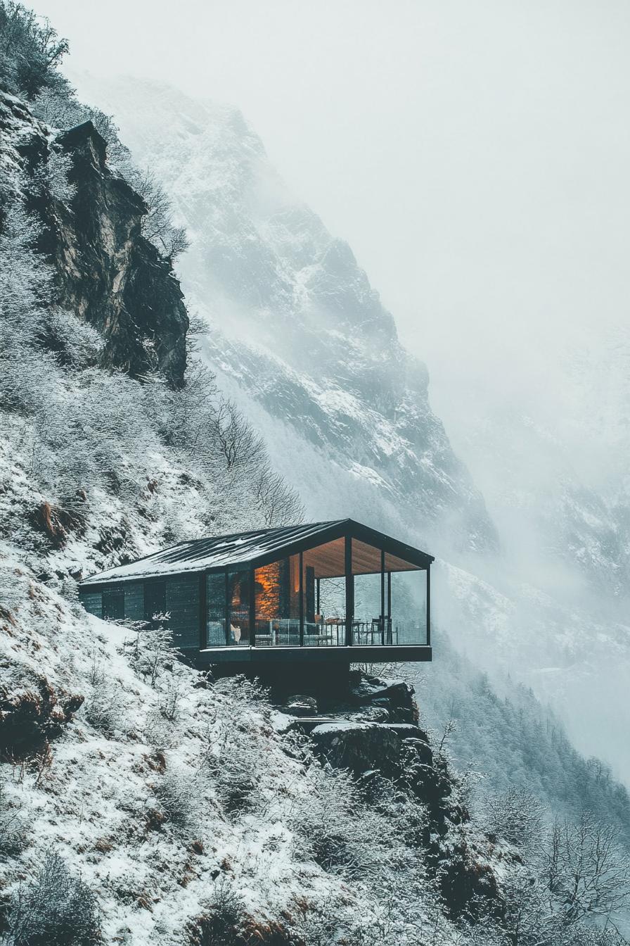 modern glass cabin with black metal frame at the foot of a majesting snowy mountain high angle view misty scene 1