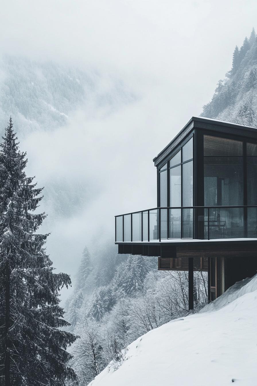 modern glass cabin with black metal frame at the foot of a majesting snowy mountain high angle view misty scene