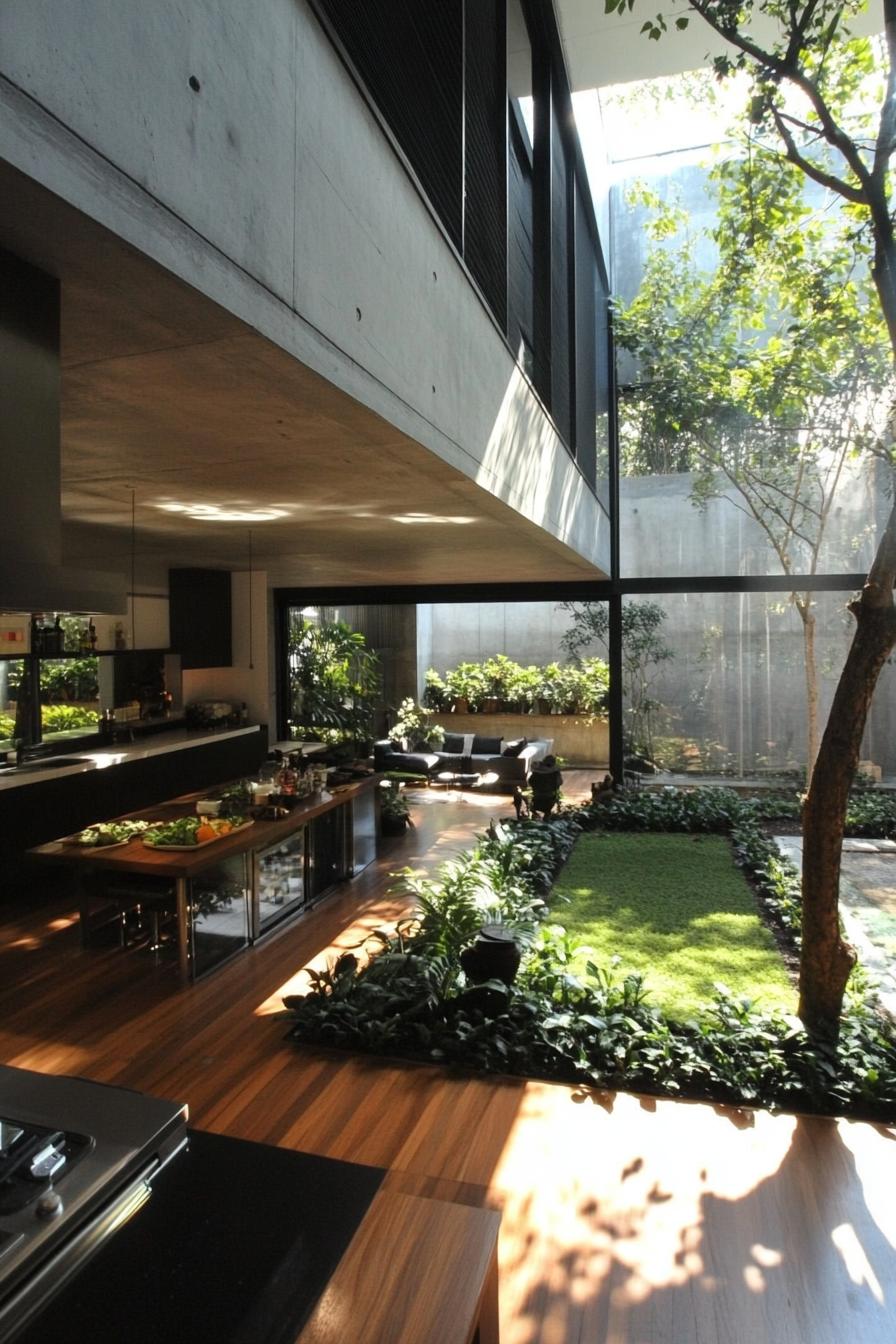 modern lofted interior with full wall windows there is an indoor garden with a patch of grass and a tree and potted plants 1