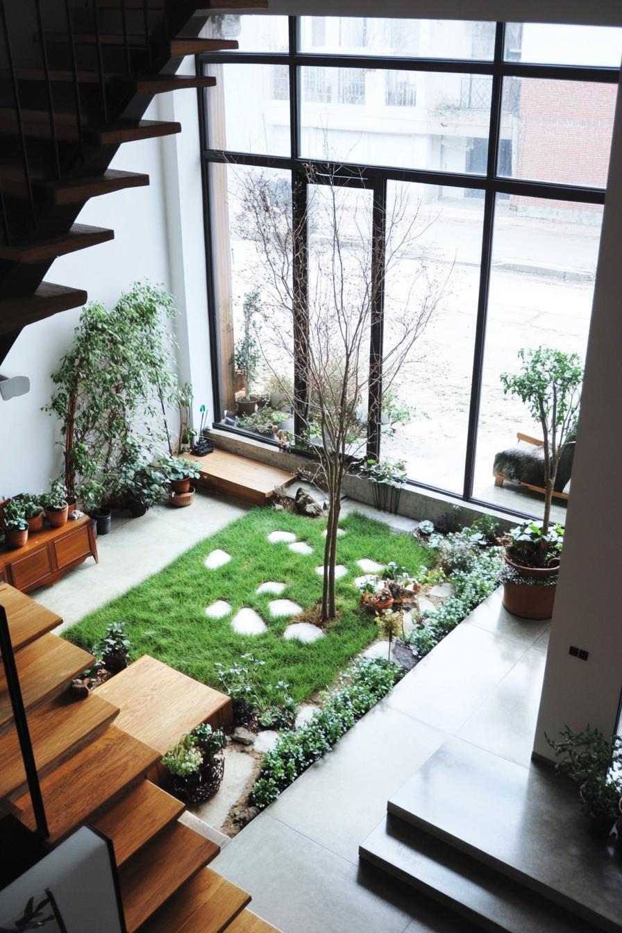 modern lofted interior with full wall windows there is an indoor garden with a patch of grass and a tree and potted plants