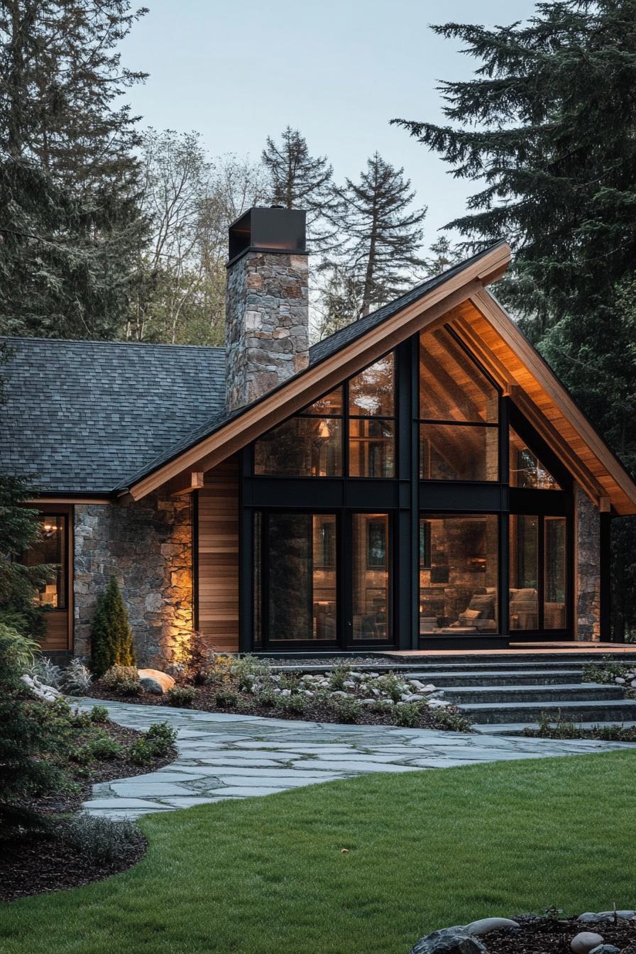 modern rustic cottage house with reclaimed wood facade wood stain trim large modern windows with wood trim multi pitched shingle roof with stone