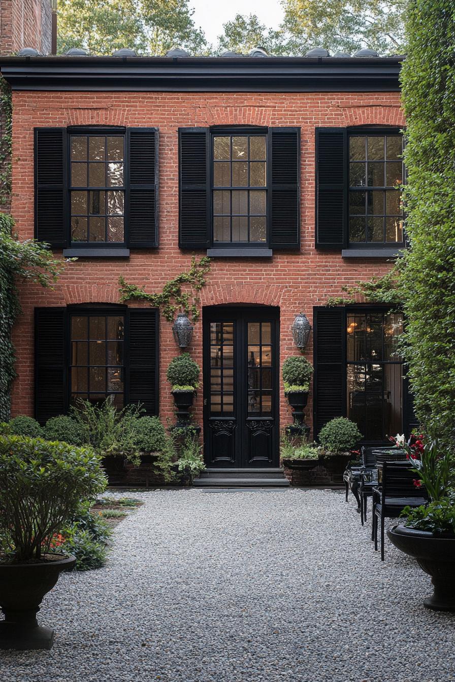 red brick house facade with black decorative shutters gravel courtyard 1