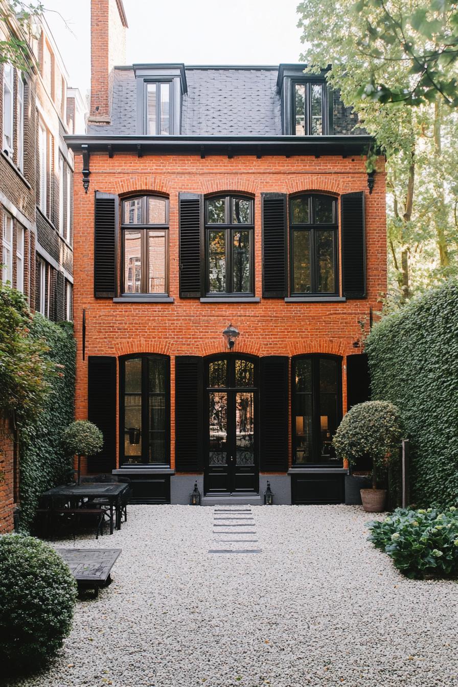 red brick house facade with black decorative shutters gravel courtyard