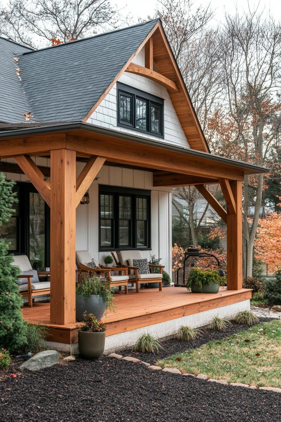 small farmhouse style house with large wooden porch with beams dark mulch yard 1