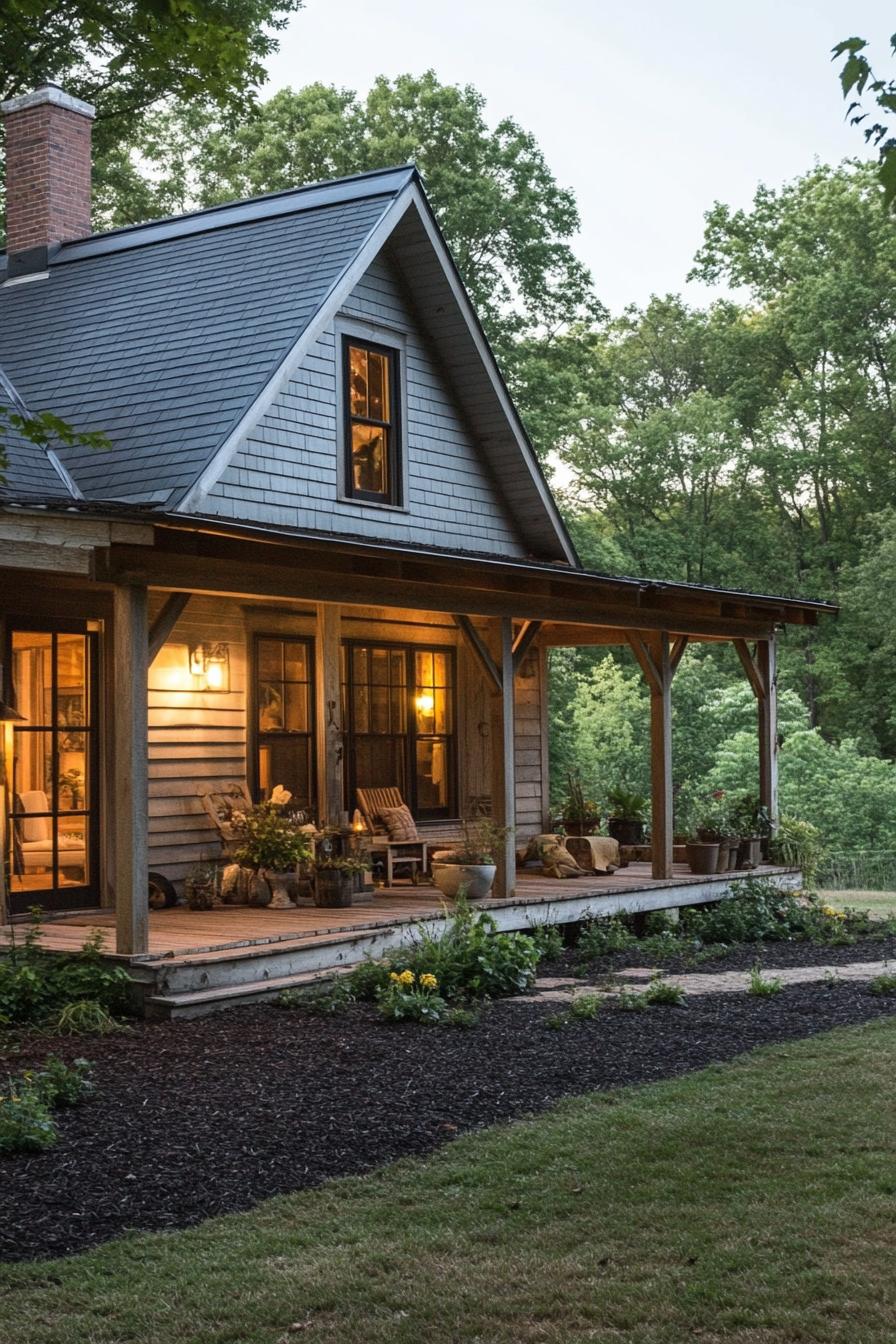 small farmhouse style house with large wooden porch with beams dark mulch yard