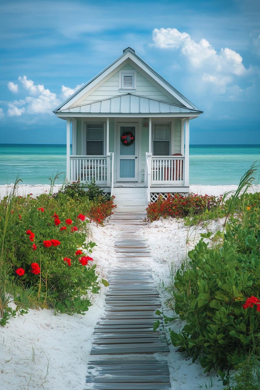 tiny beachfront cottage house with multi pitched roof small porch white sand wood plank path on sand garden with red flowers ocean in the