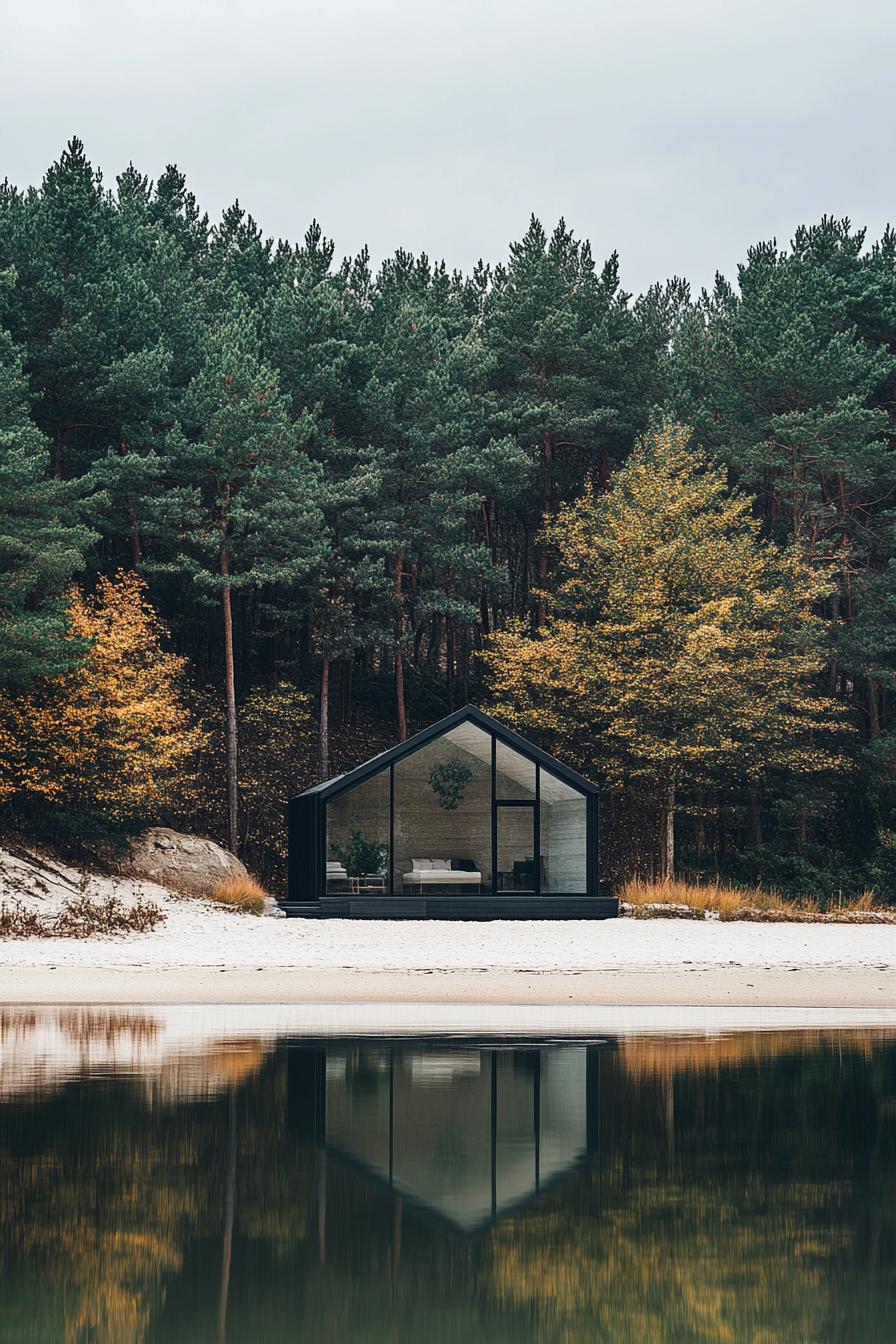 a modern glass cabin on a white sandy lake beach in a pine forest 1