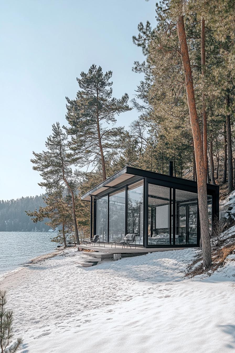 a modern glass cabin on a white sandy lake beach in a pine forest 2