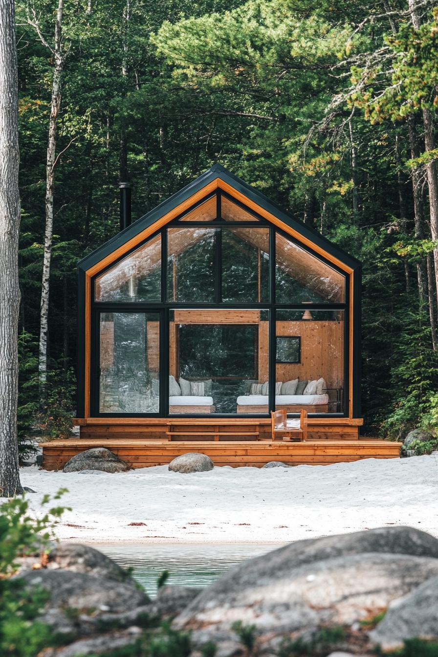 a modern glass cabin on a white sandy lake beach in a pine forest 3