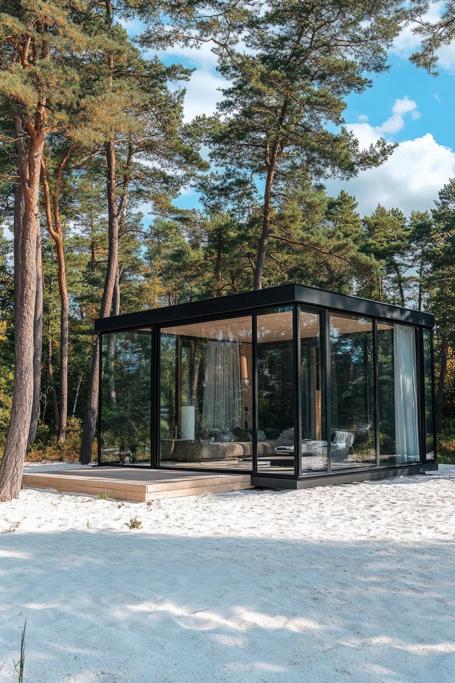 a modern glass cabin on a white sandy lake beach in a pine forest