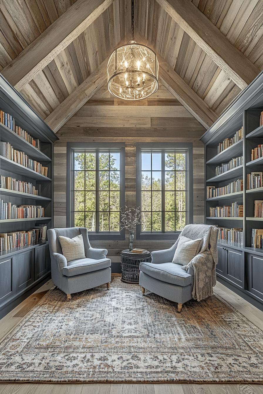 barndominium interior reading nook with bookshelves vaulted ceiling farmhouse and modern elements 1