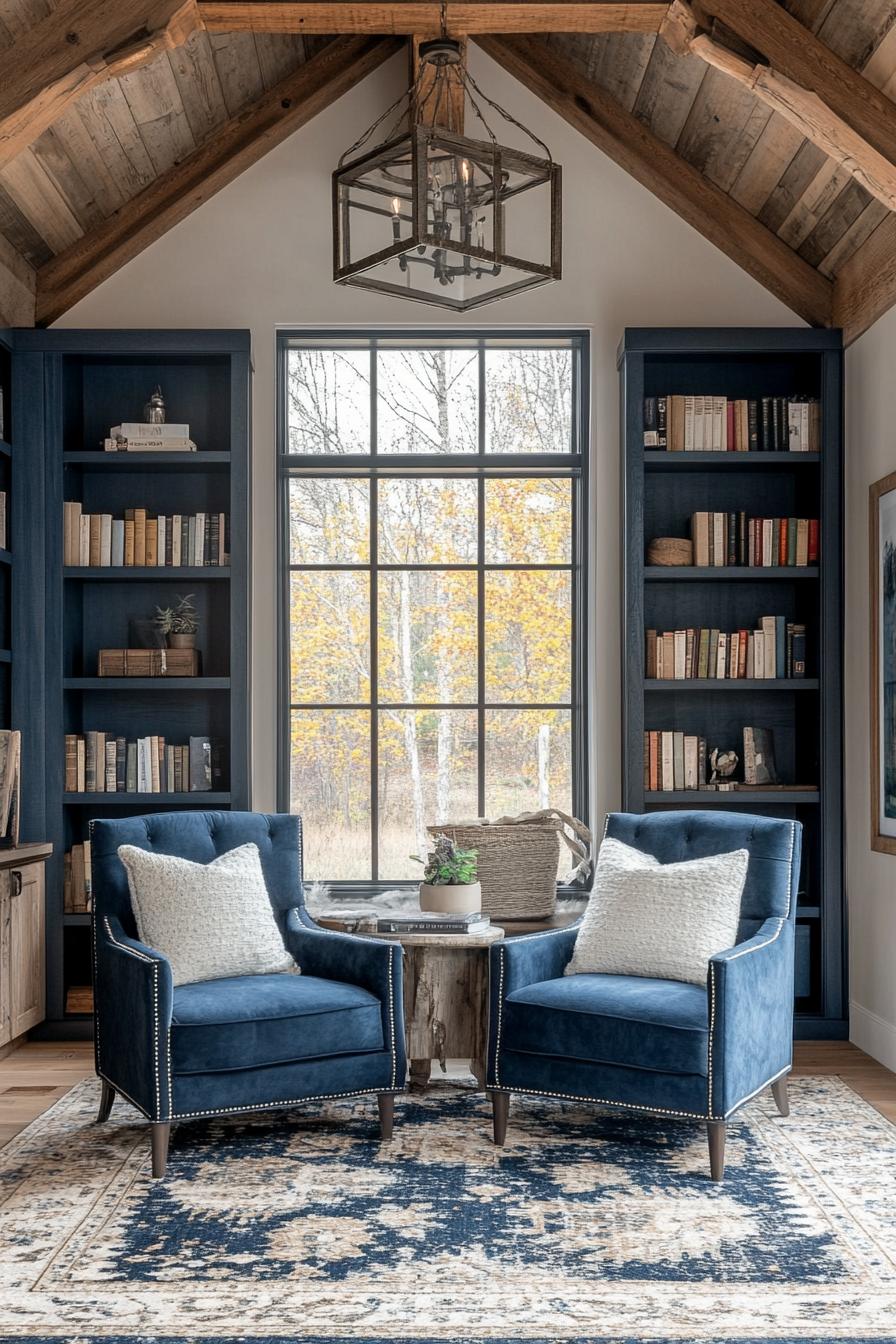 barndominium interior reading nook with bookshelves vaulted ceiling farmhouse and modern elements 2