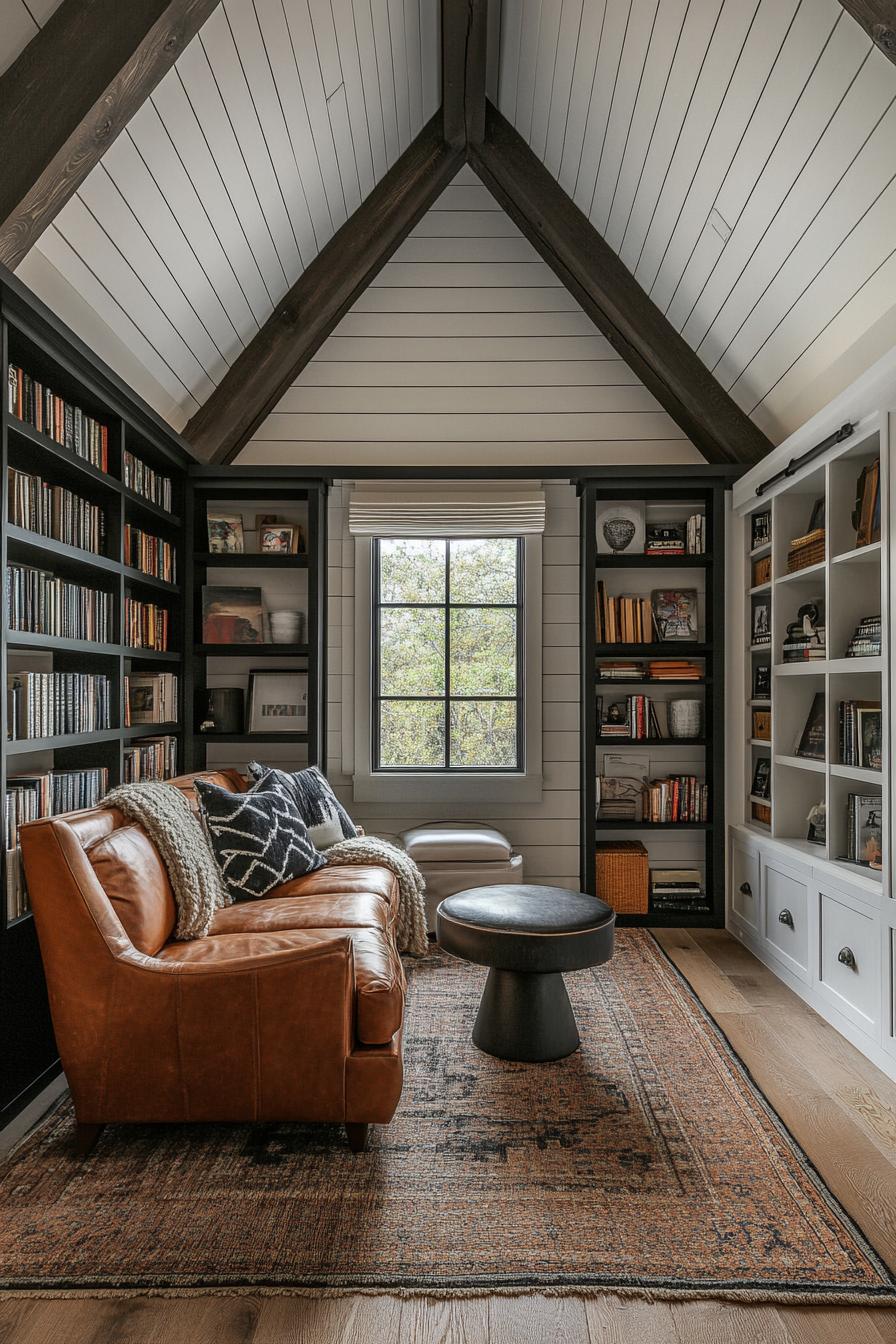 barndominium interior reading nook with bookshelves vaulted ceiling farmhouse and modern elements 3