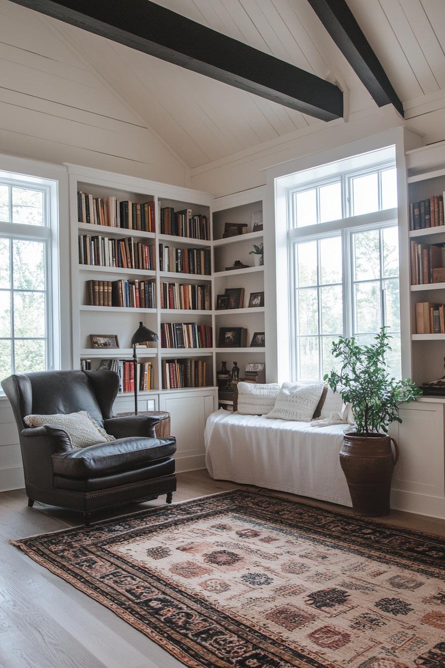 barndominium interior reading nook with bookshelves vaulted ceiling farmhouse and modern elements