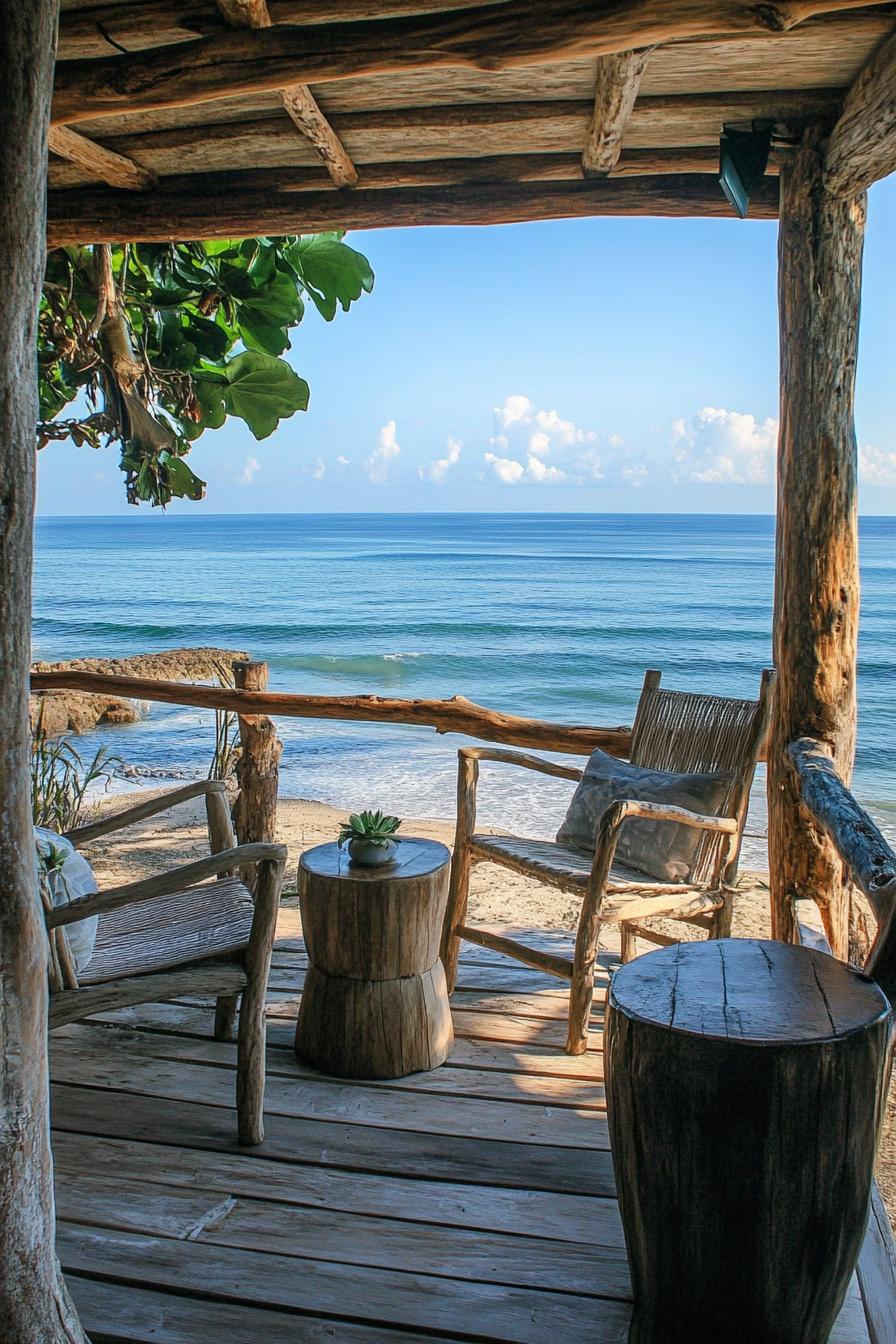 beachfront porch with stunning ocean view rustic outdoor chairs and small table