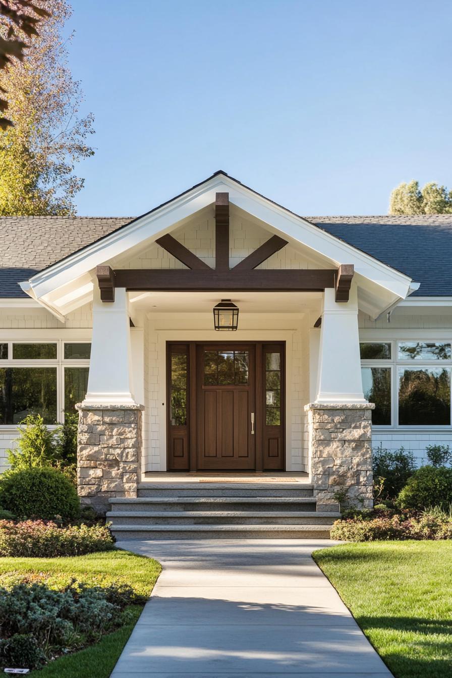 front of white craftsman style house with entrance wall in stone siding 1