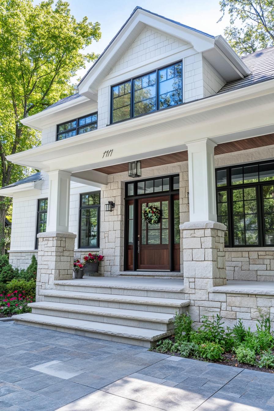 front of white craftsman style house with entrance wall in stone siding