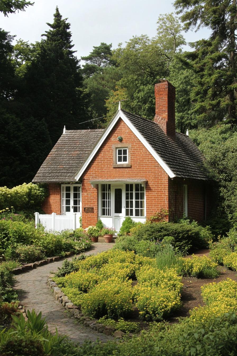 high angle view of brick cottage with chimney shingle roof white doors and windows enclosed white porch large garden with stone fenches rows of