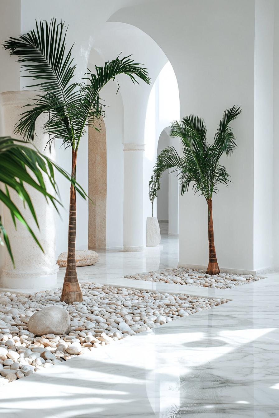 indoor marble hall with a pebble patch with small palms 1