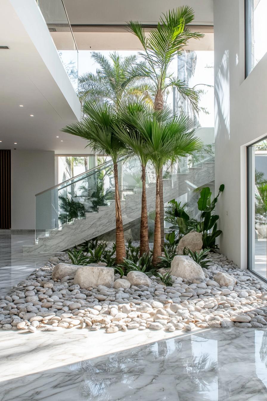 indoor marble hall with a pebble patch with small palms 2