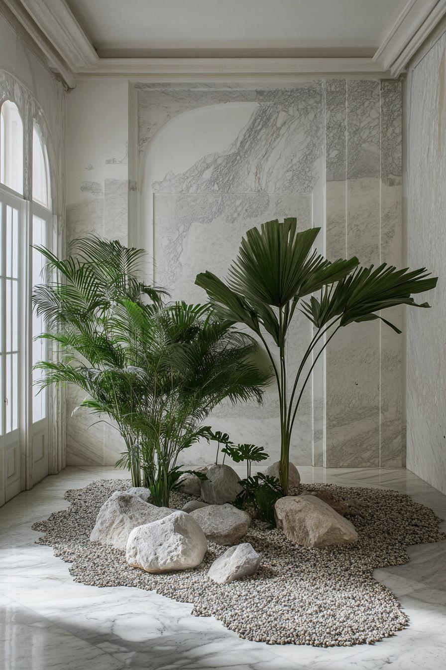 indoor marble hall with a pebble patch with small palms 3