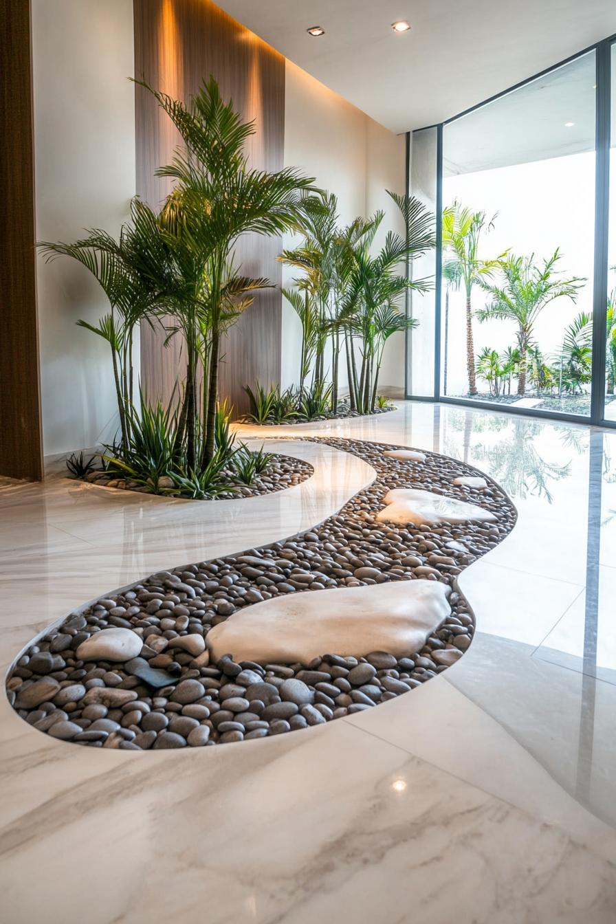 indoor marble hall with a pebble patch with small palms