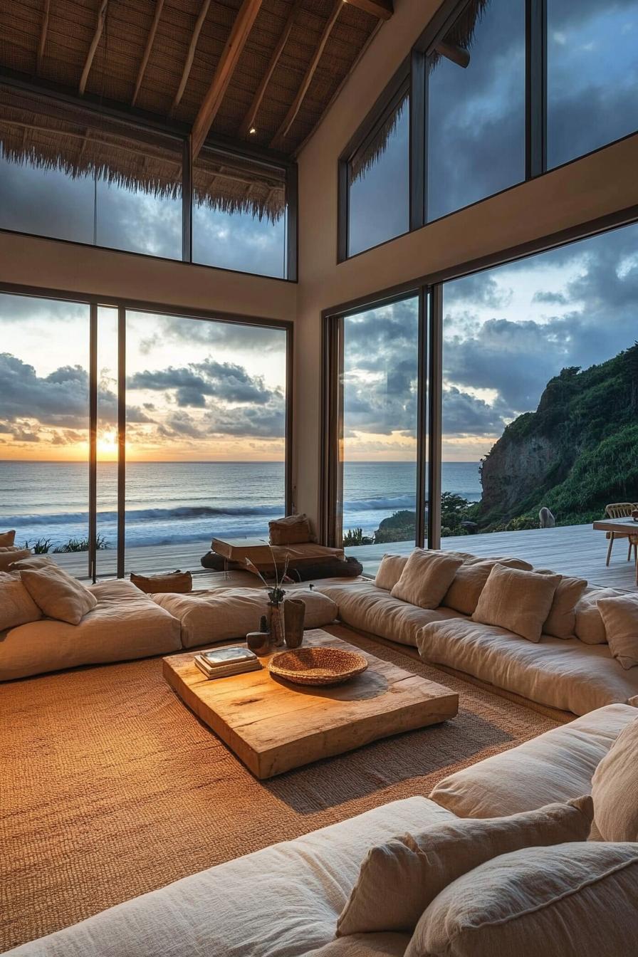 interior of a beachfront home high ceiling full wall windows sliding doors with beach front ocean view with tropical rocky islands in the horizon 1