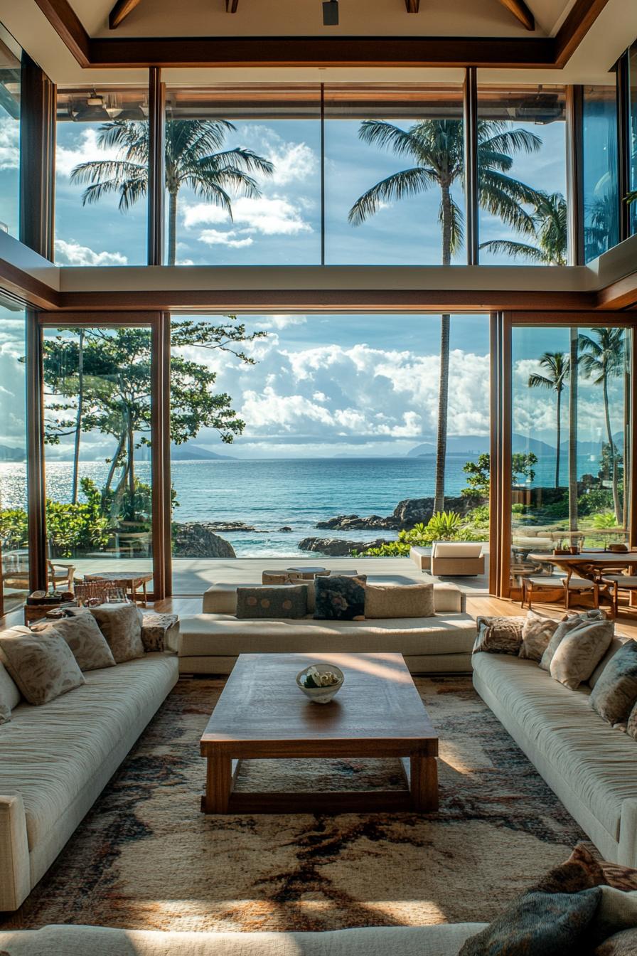 interior of a beachfront home high ceiling full wall windows sliding doors with beach front ocean view with tropical rocky islands in the horizon