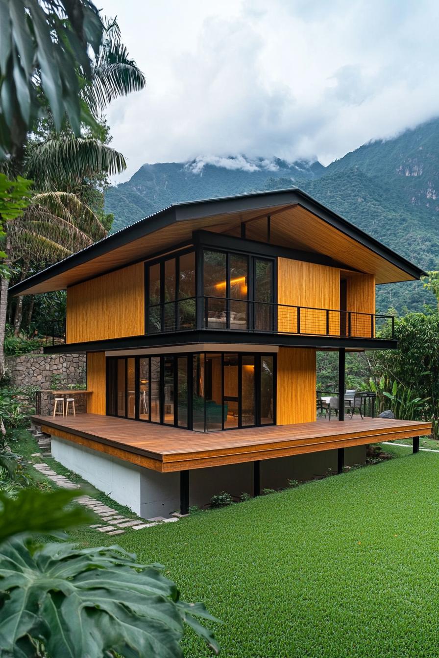 mid century modern style chalet house with natural wood siding deck with clean modern patio furniture v 6.1