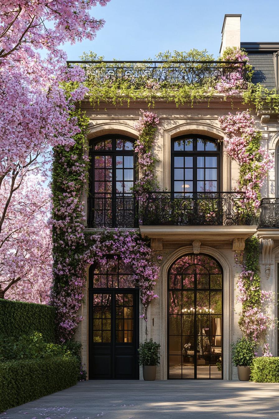 modern french mansion with facade overgrown with flower vines cherry blossom trees in the yard 1